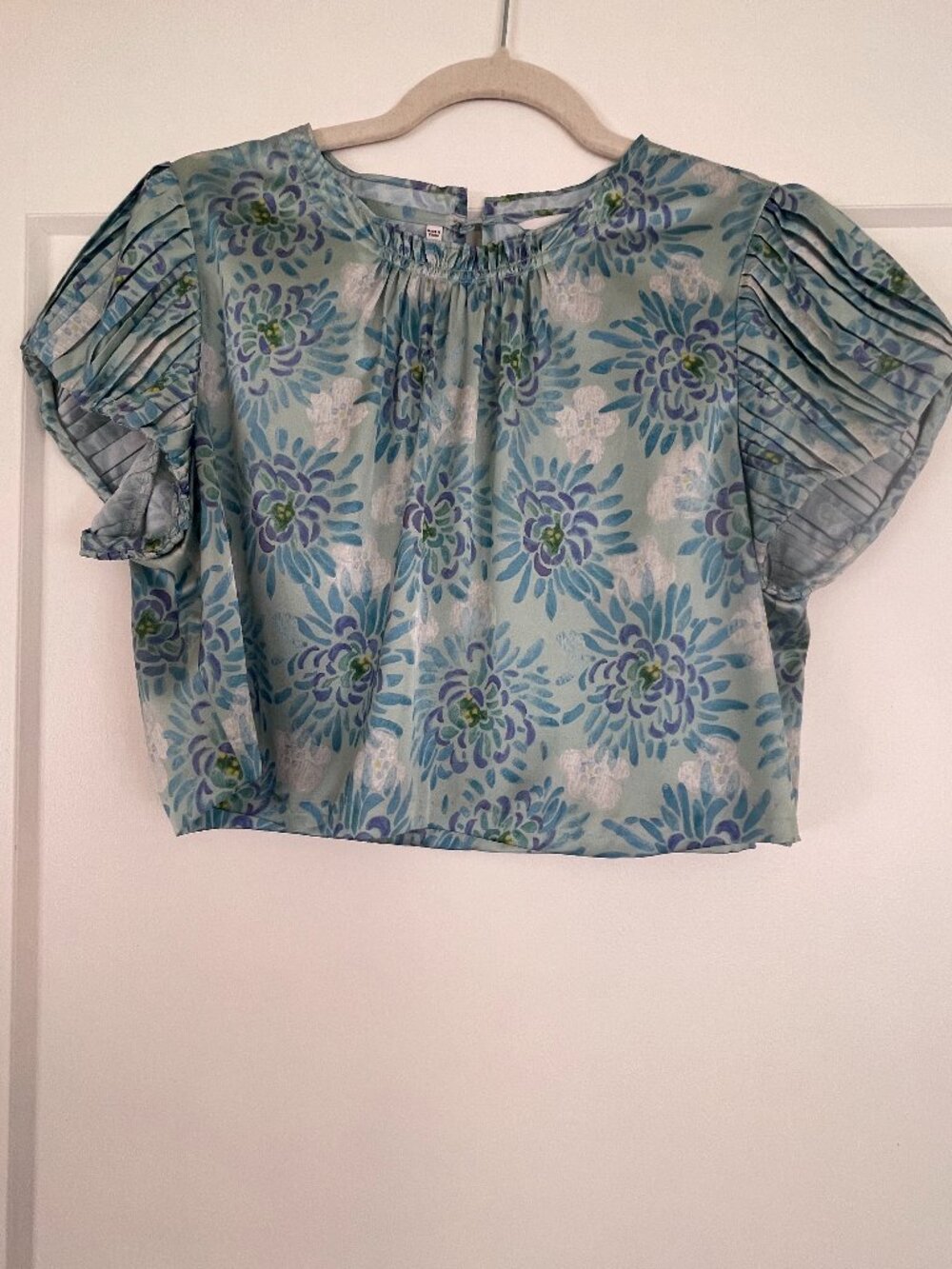 Rebecca Taylor Astera Fleur Pleated Sleeve Crop Floral Top Light Blue – Size 4